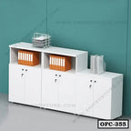 Modern white office file cabinet with lockable doors and shelves holding files and folders