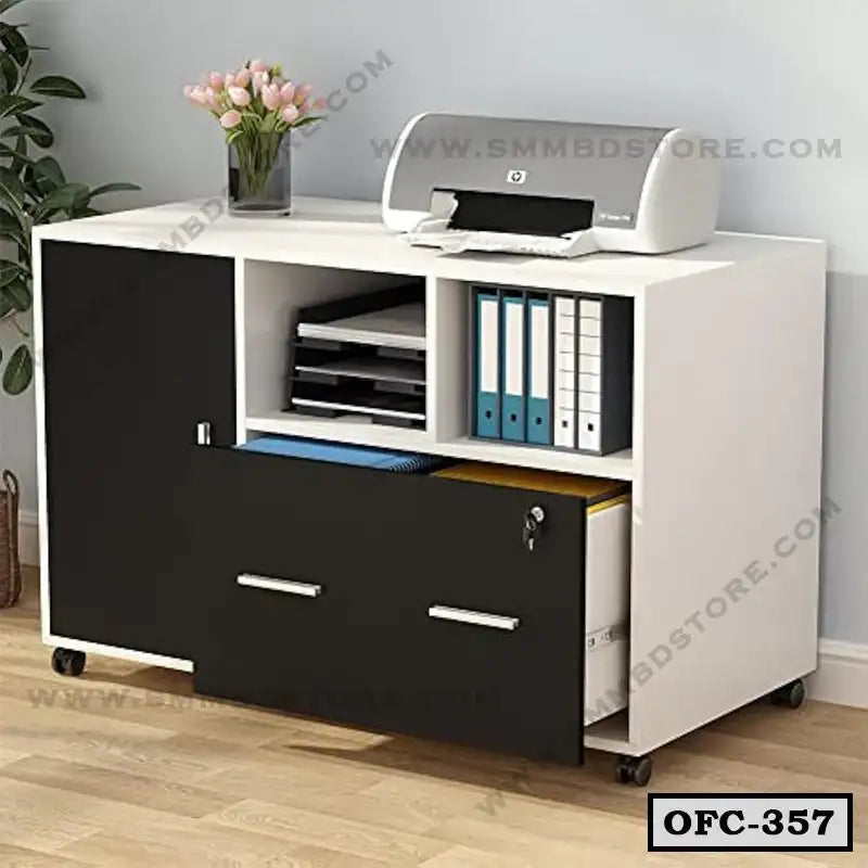 Modern office file cabinet with drawers, open shelves, folders, and printer on top