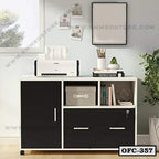 Modern office file cabinet with black and white drawers, books, and printer in home office