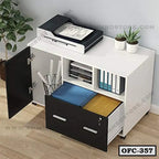 Modern office file cabinet with drawers, shelves, and storage for folders and documents
