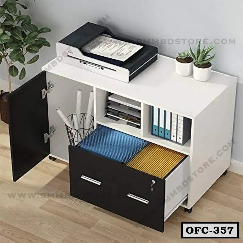 Modern office file cabinet with drawers, shelves, and storage for folders and documents
