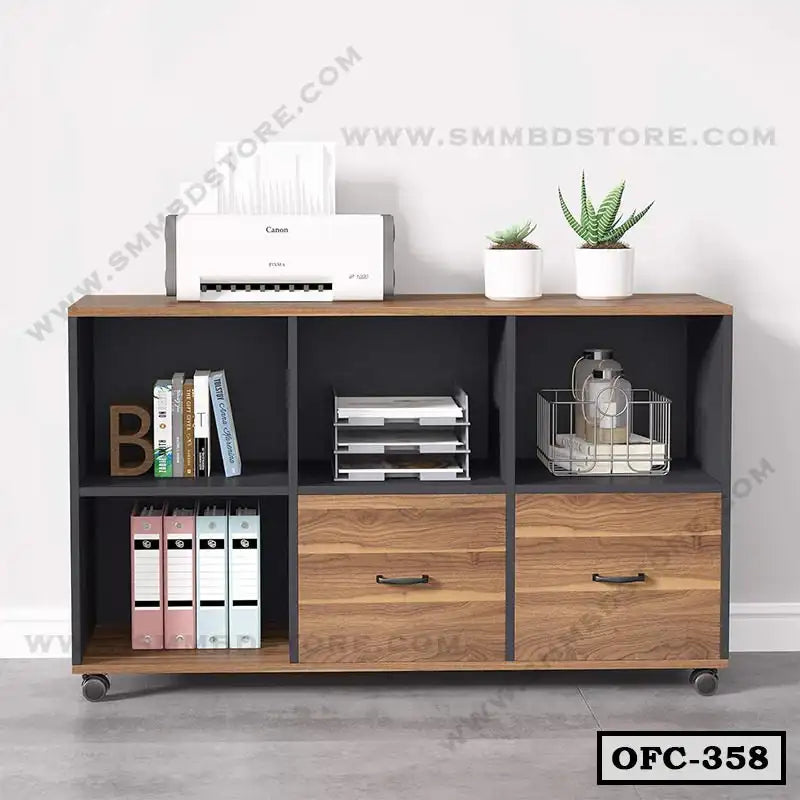 Modern wooden office file cabinet with open shelves, drawers, and decorative plants