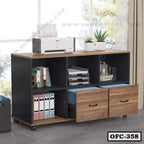 Modern office file cabinet with open shelves, drawers, and storage for documents and binders