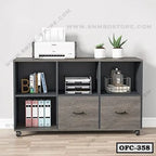 Modern office file cabinet with wheels, storage shelves, drawers, and desktop printer