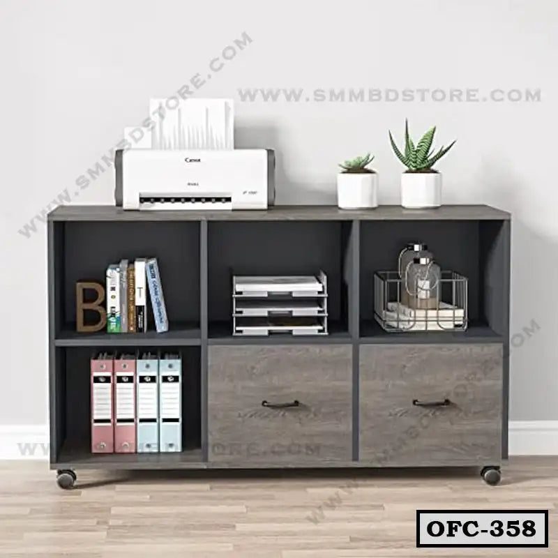 Modern office file cabinet with wheels, storage shelves, drawers, and desktop printer