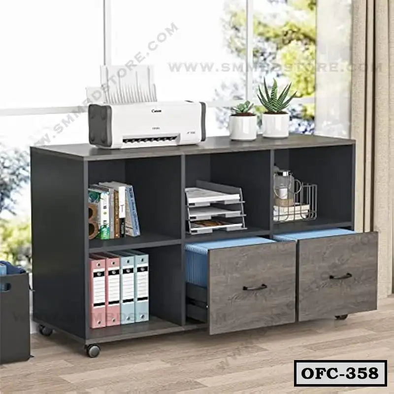 Modern office file cabinet with drawers, open shelves, and printer, ideal for home or office organization.