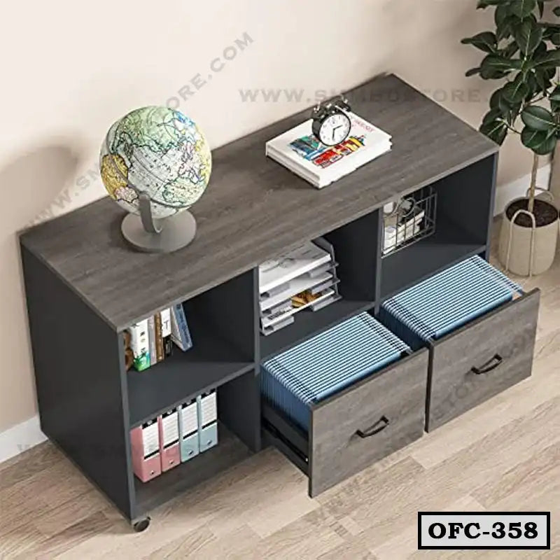 Modern office file cabinet with drawers, shelves, and organized files in a workspace setting