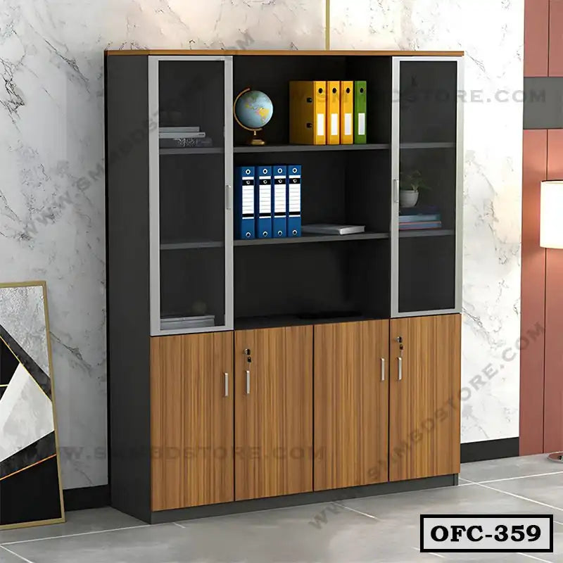 Modern office file cabinet with glass doors and wooden lower storage, placed against a marble wall.