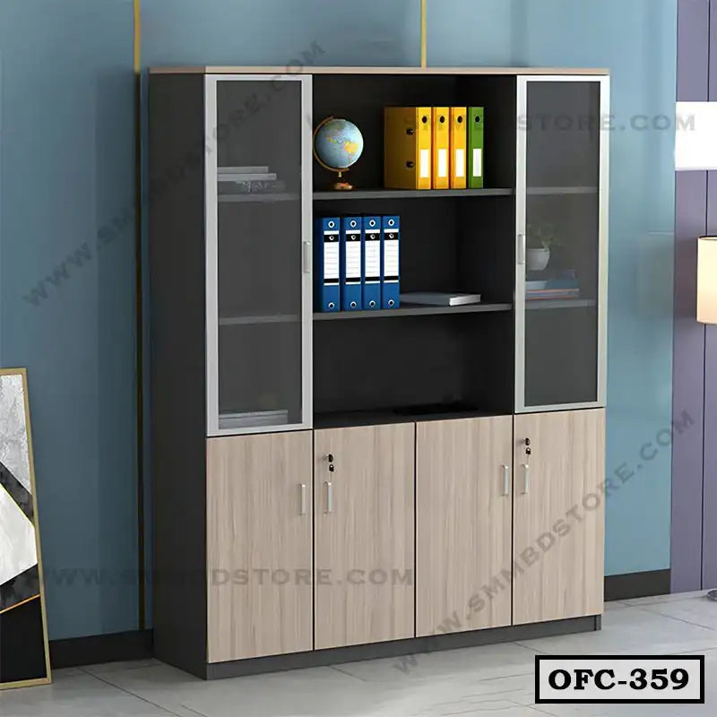 Modern wooden office file cabinet with glass doors and storage shelves against blue wall