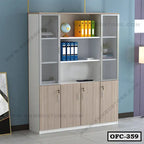 Modern office file cabinet with glass doors, wooden lower cabinets, and open shelves holding files and a globe.