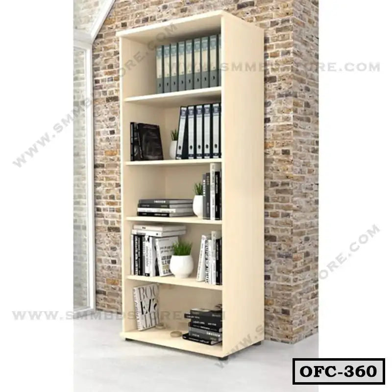 Modern wooden office file cabinet with shelves, books, and folders against brick wall