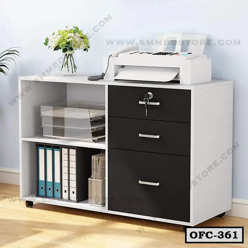 Modern office file cabinet with lockable drawers, open shelves, and a printer on top Main image