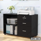 Modern black office file cabinet with drawers, open shelves, and organized files