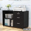 Modern black office file cabinet with drawers, open shelves, and organized files
