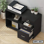 Black office file cabinet with drawers, shelves, and printer, organized for modern workspace