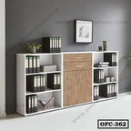 Modern office file cabinet with wood and white finish, shelves and storage drawers