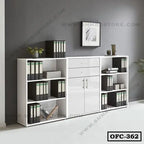 Modern white office file cabinet with shelves and binders against a grey wall