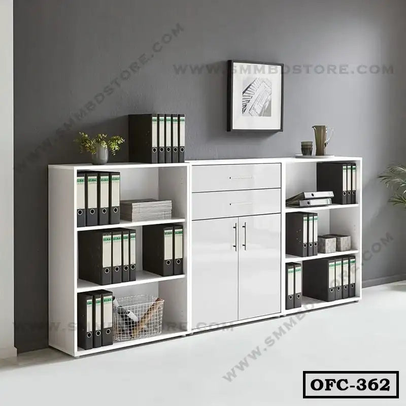 Modern white office file cabinet with shelves and binders against a grey wall