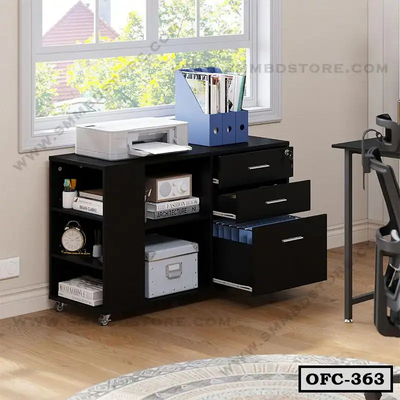 Modern black office file cabinet with drawers and open shelves, placed by a window Main image