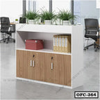Modern office file cabinet with wood doors, storage shelves, plants, and file folders