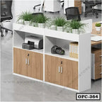 Modern office file cabinet with wooden doors, open shelves, and tabletop plants in a workspace