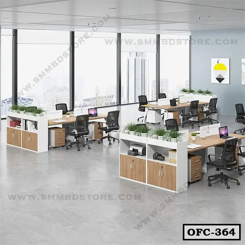 Modern open-plan office with workstations, file cabinets, rolling chairs and large windows