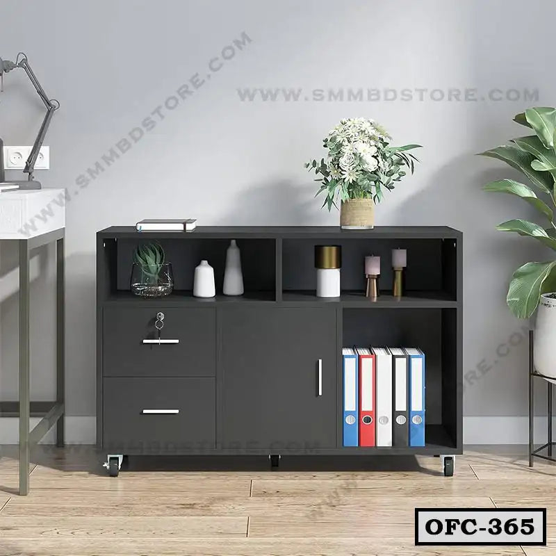 Modern black office file cabinet with drawers, shelves, and casters, holding documents and decor.
