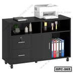 Black office file cabinet with lockable drawers, open shelves, and printer on top, on wheels.