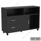 Black office file cabinet with drawers, lock, open shelves, and wheels for storage