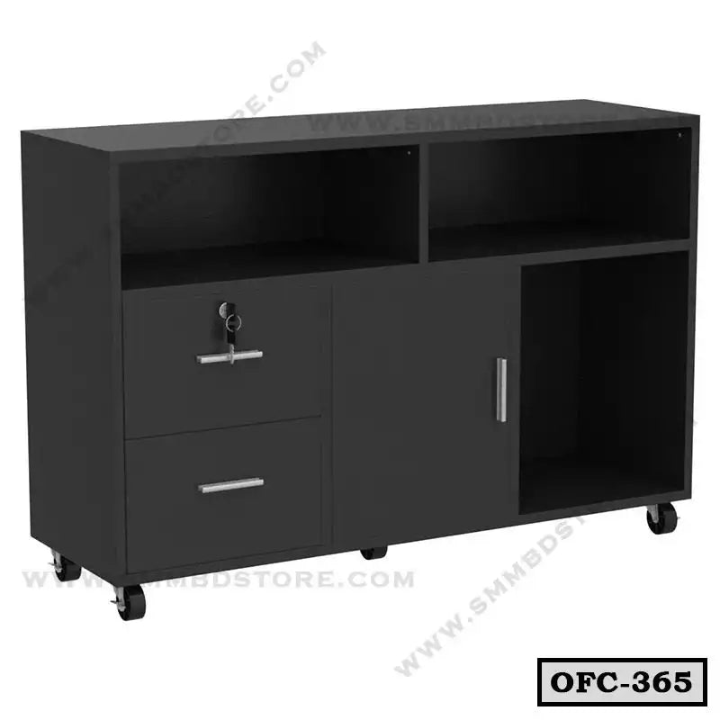 Black office file cabinet with drawers, lock, open shelves, and wheels for storage