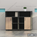 Modern office file cabinet with wood doors, open shelves, and minimalist decor.