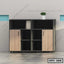 Modern office file cabinet with wood doors, open shelves, and minimalist decor.