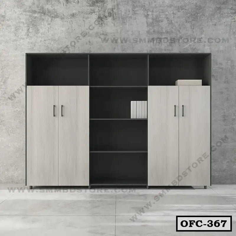 Modern office file cabinet with four doors and open shelves, light wood finish, against gray wall