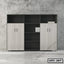 Modern office file cabinet with four doors and open shelves, light wood finish, against gray wall