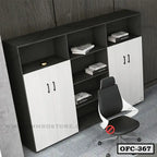 Modern office file cabinet with black and white shelves and doors, books and a black office chair