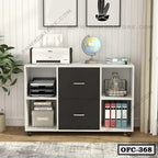 Modern office file cabinet with shelves, storage drawers, printer, and organizer in a workspace