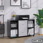 Modern black and white office file cabinet with drawers, open shelves, and printer on top