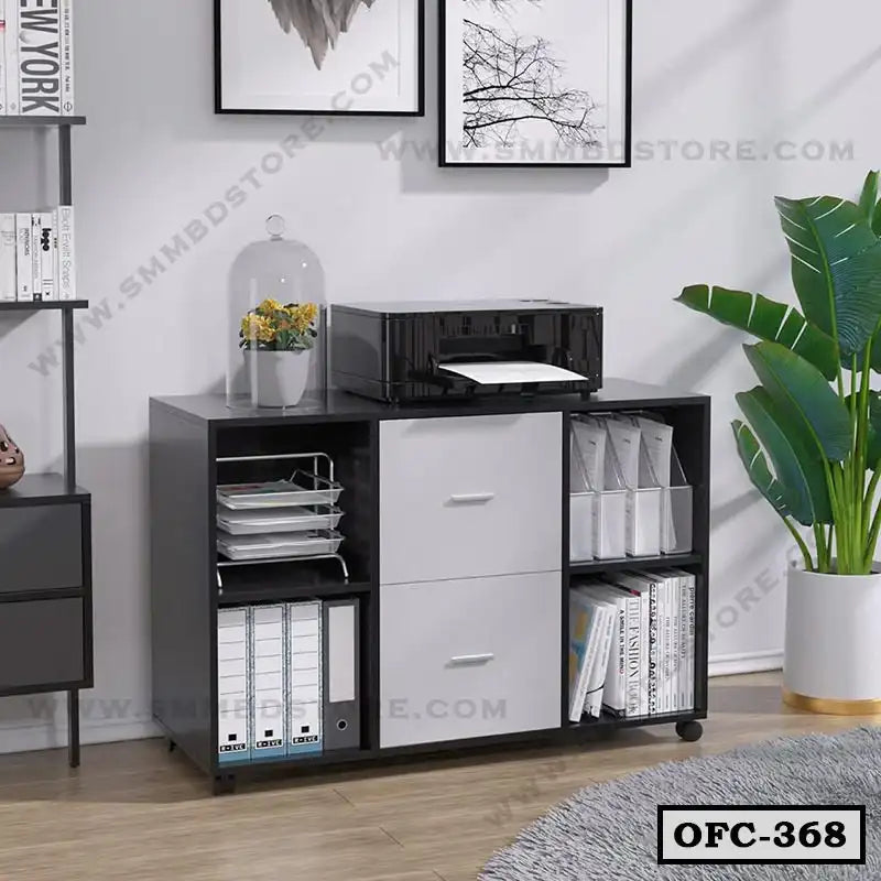 Modern black and white office file cabinet with drawers, open shelves, and printer on top
