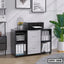 Modern black and white office file cabinet with drawers, open shelves, and printer on top