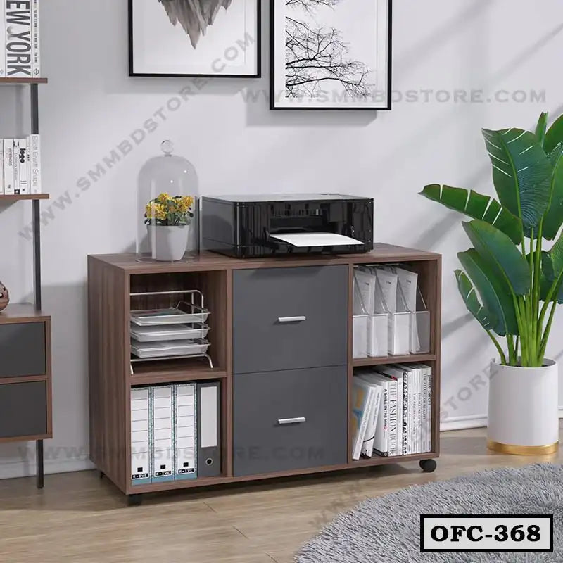 Modern wooden office file cabinet with shelves, drawers, printer, and organized documents