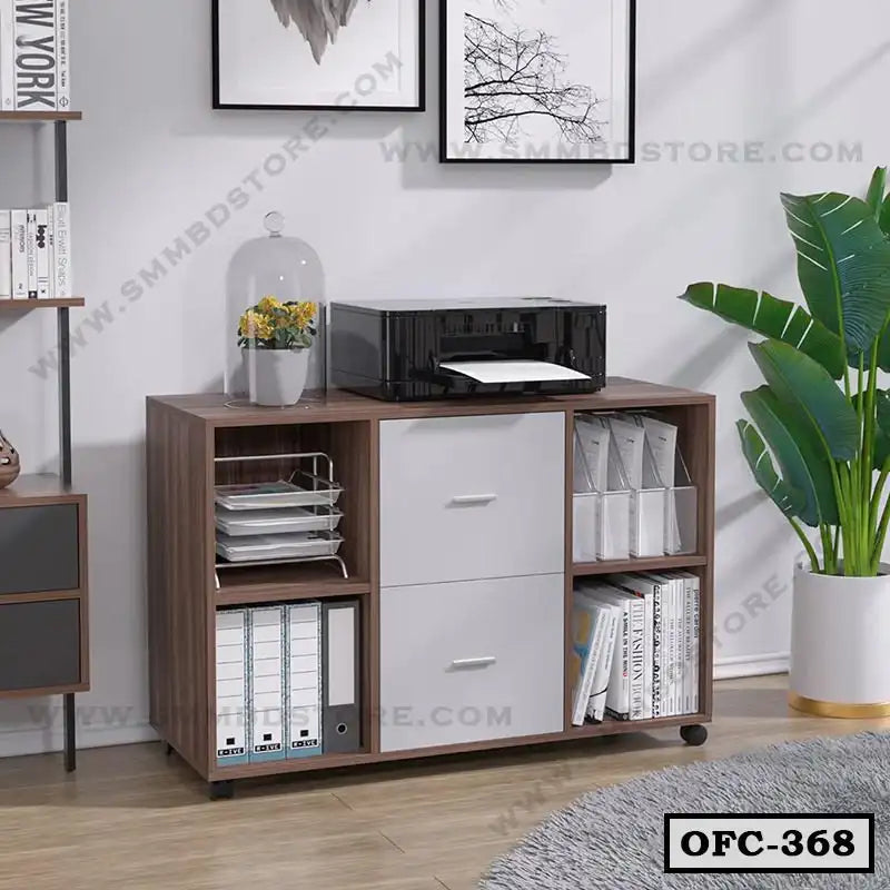 Modern office file cabinet with storage shelves and drawers beside indoor plant