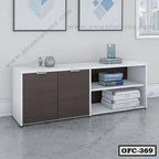 Modern office file cabinet with wood doors, open shelves, and storage boxes in a workspace