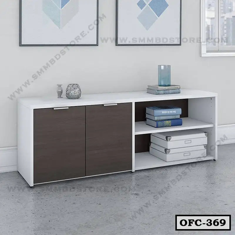 Modern office file cabinet with wood doors, open shelves, and storage boxes in a workspace