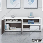 Modern white office file cabinet with open shelves and storage boxes in a contemporary workspace