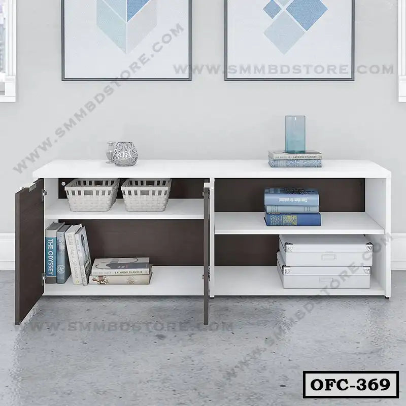 Modern white office file cabinet with open shelves and storage boxes in a contemporary workspace