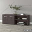 Modern wooden office file cabinet with shelves, decorative vase, and books against gray wall