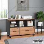 Modern wooden office file cabinet with shelves, drawers, and wheels in a stylish room