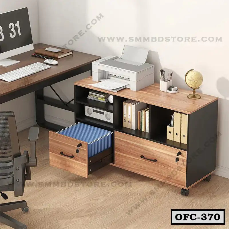 Modern office file cabinet with open shelves, drawers, and printer on top in workspace