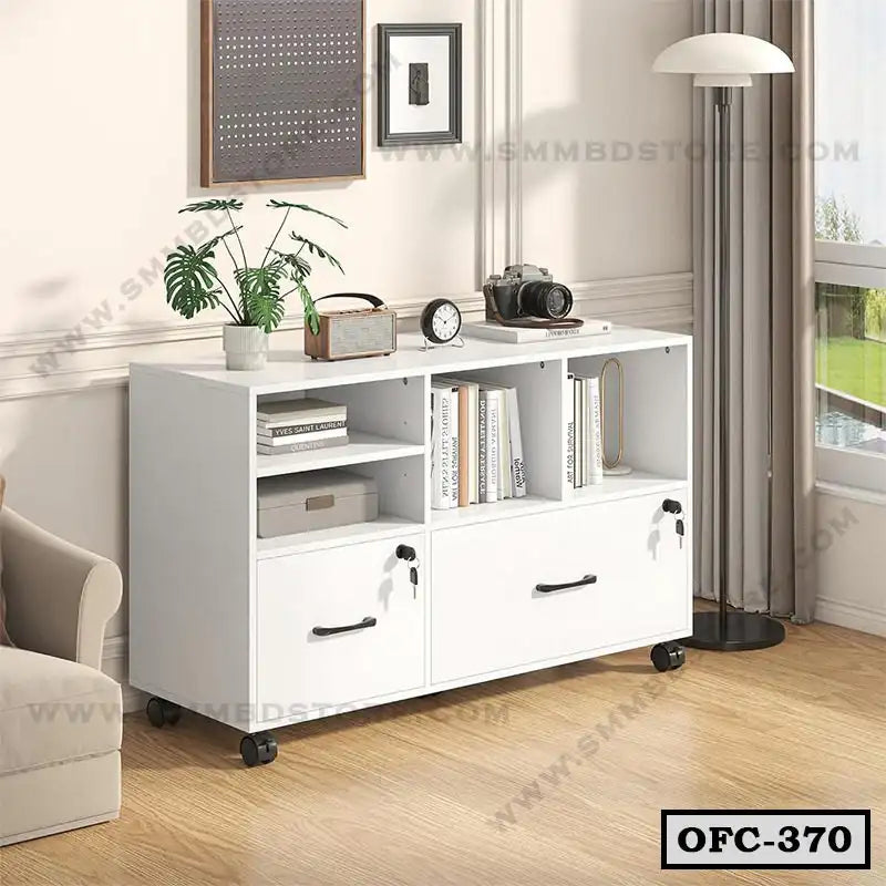 Modern white office file cabinet with shelves and drawers on wheels in a bright room Main image