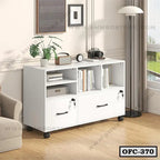 Modern white office file cabinet with shelves and drawers on wheels in a bright room